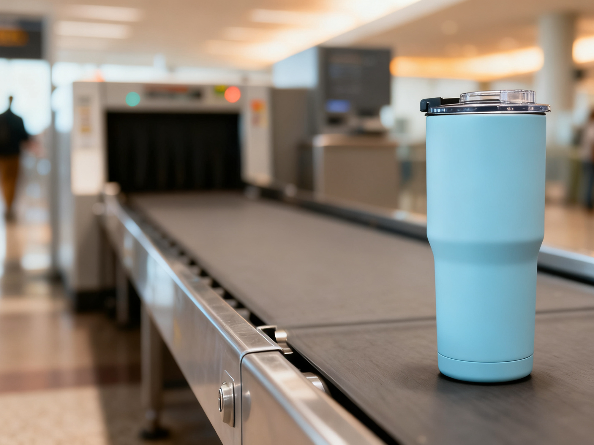 a blue thermos placing on a airport security transporter
